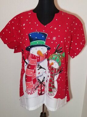 UA Scrubs Womens 3X Red Holiday Christmas Snowman Scrub Top Nurse Medical Lab
